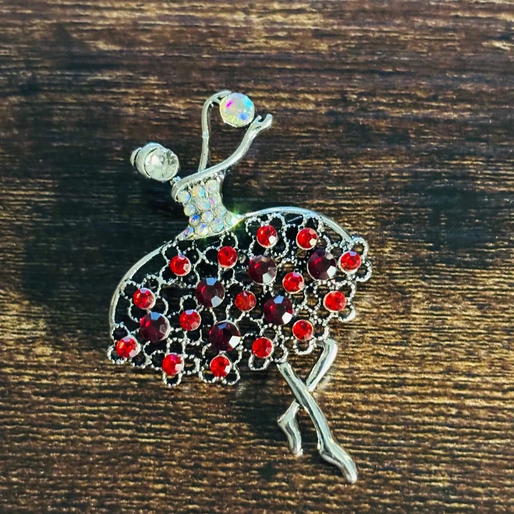 Silver Tone Red Rhinestone Ballerina Dancer Brooch Pin Aurora Borealis Accents